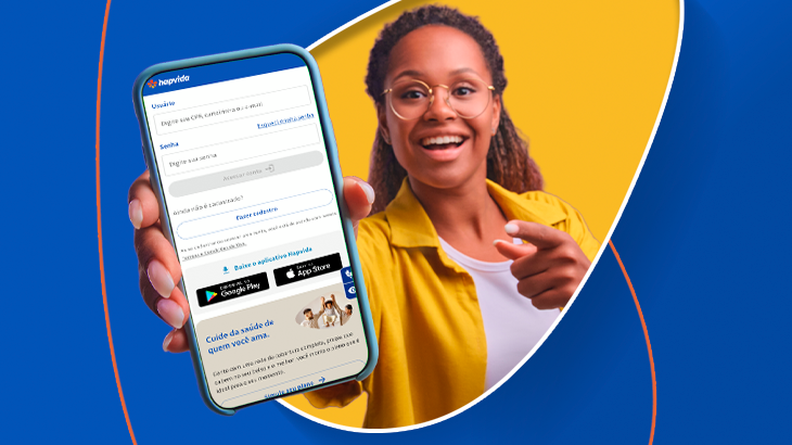 mulher segurando um telefone com o app hapvida 