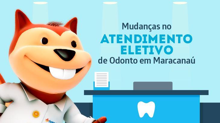 Imagem de um desenho de um castor com um jaleco branco e o símbolo da Hapvida, e a frase Mudanças no atendimento eletivo de Odonto em Maracanaú