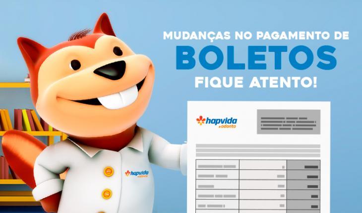 Imagem de um desenho de um castor com um jaleco branco e o símbolo da Hapvida, segurando uma papel e a frase Mudanças no pagamento de boletos, fique atento!