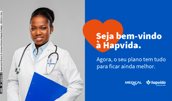 Imagem de uma profissional da saúde de jaleco branco com a frase seja bem-vindo à Hapvida