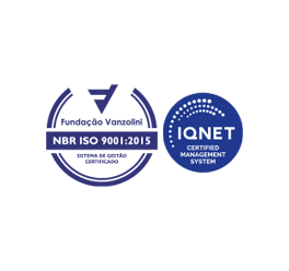 Selo da Fundação Vanzolini, indicando a certificação NBR ISO 9001:2015 de Sistema de Gestão.